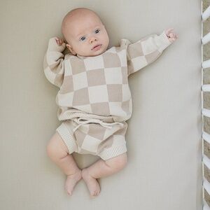Mebie Baby Tan Checkered Knit Sweater & Bloomer Set 3–6 M NWT Neutral Baby Outfi